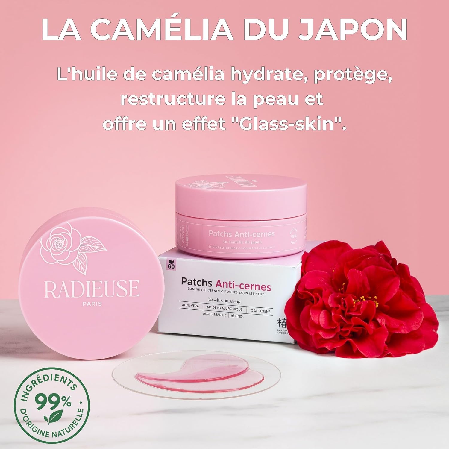 Patchs Anti-cernes Radiéuse Paris, contenant du Camélia du Japon, Aloe Vera et acide hyaluronique, pour éliminer les cernes et les poches sous les yeux.
