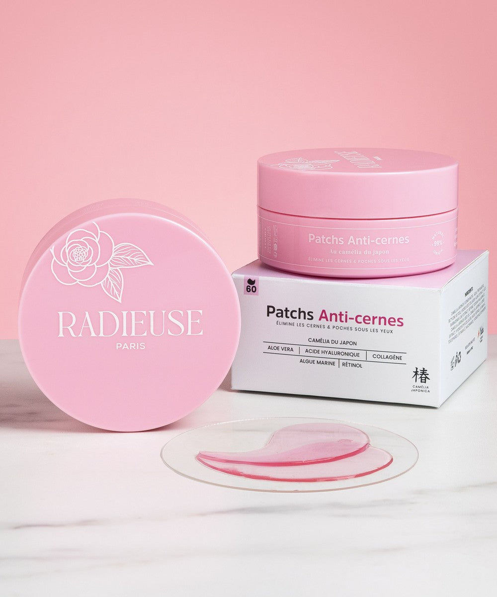 Patchs Anti-cernes Radiéuse Paris, contenant du Camélia du Japon, Aloe Vera et acide hyaluronique, pour éliminer les cernes et les poches sous les yeux.
