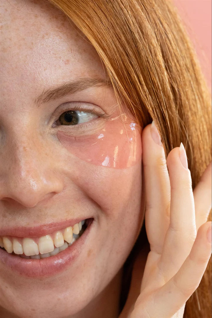Gros plan sur une femme rousse souriante appliquant un patch anti-cernes Radieuse Paris sous son œil. Ce soin hydrogel au Camélia Japonica hydrate, décongestionne et illumine le contour des yeux pour un regard éclatant et reposé.