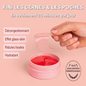 Main retirant un patch anti-cernes Radieuse Paris du pot rose, avec le produit visible à l'intérieur. Patchs au Camélia Japonica, conçus pour réduire les cernes et poches sous les yeux, naturels, vegan et cruelty-free. Livraison offerte dès 40€ en France.
