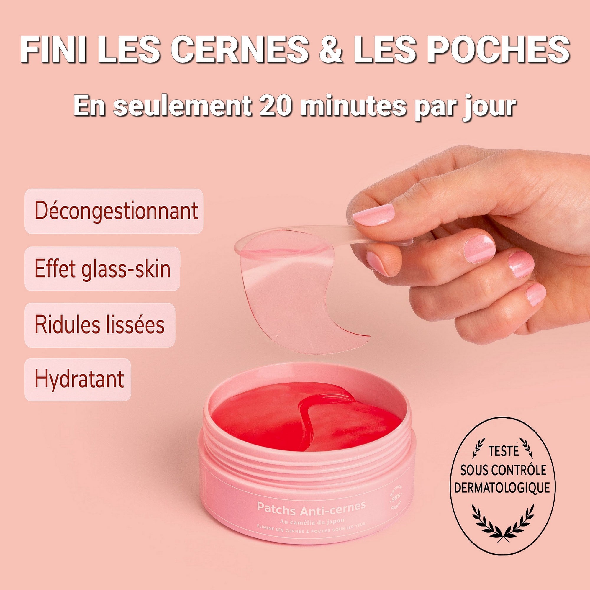 Main retirant un patch anti-cernes Radieuse Paris du pot rose, avec le produit visible à l'intérieur. Patchs au Camélia Japonica, conçus pour réduire les cernes et poches sous les yeux, naturels, vegan et cruelty-free. Livraison offerte dès 40€ en France.