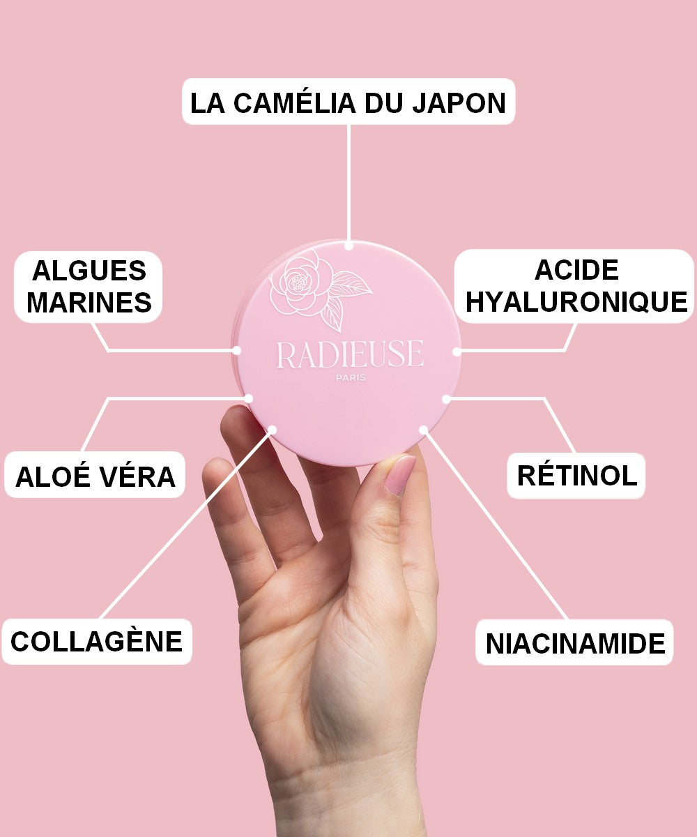 "Illustration des ingrédients essentiels des patchs anti-cernes Radieuse Paris, incluant le Camélia Japonica, Aloe Vera, Acide Hyaluronique, Collagène, Algues Marines, Rétinol et Niacinamide, pour un soin complet et naturel du contour des yeux."