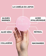 "Illustration des ingrédients essentiels des patchs anti-cernes Radieuse Paris, incluant le Camélia Japonica, Aloe Vera, Acide Hyaluronique, Collagène, Algues Marines, Rétinol et Niacinamide, pour un soin complet et naturel du contour des yeux."