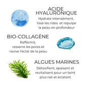 Ingrédients actifs d’un soin visage : acide hyaluronique, bio-collagène et algues marines pour hydrater, lisser les rides, raffermir et détoxifier la peau