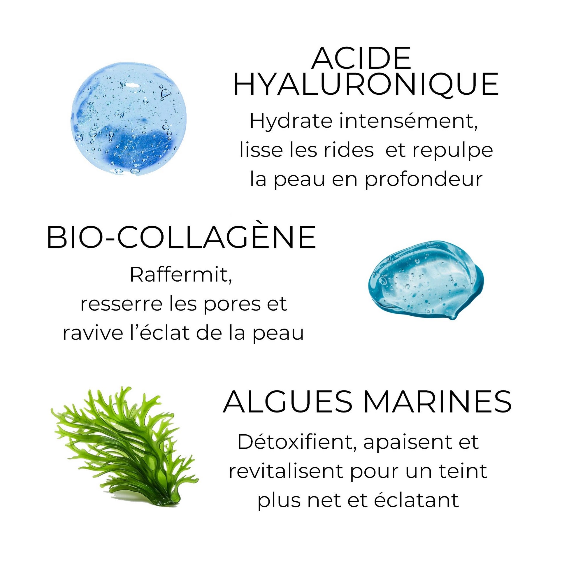Ingrédients actifs d’un soin visage : acide hyaluronique, bio-collagène et algues marines pour hydrater, lisser les rides, raffermir et détoxifier la peau