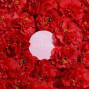 Produit cosmétique Radiéuse Paris mis en valeur par des fleurs de Camélia du Japon rouges éclatantes, symbole d'élégance et de beauté naturelle.