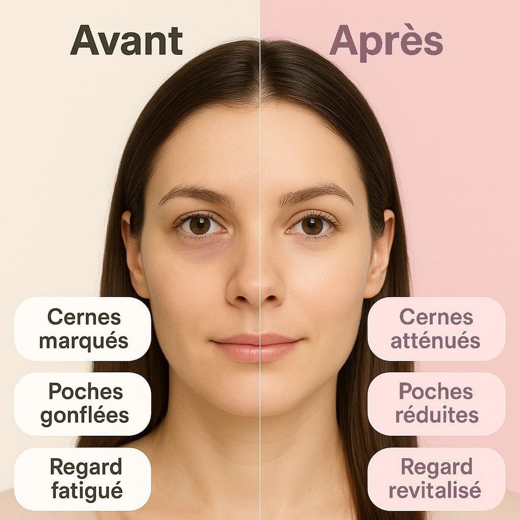 Résultat avant et après soin anti-cernes et anti-poches pour un regard revitalisé